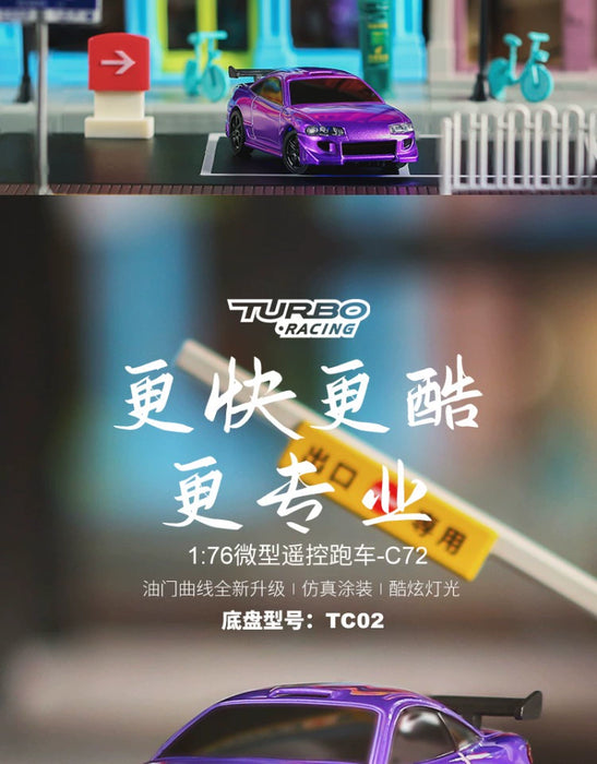 A poster showcasing a purple, 1:76 scale micro RC remote control car model C-72 from Lacatang Shop's Turbo1/76 Miniature RC Remote Control Electric Sports Car series. The top section displays the electric sports car in a detailed miniature street scene, while the bottom part offers a close-up view of the vehicle. The poster includes Chinese text and additional specifications.