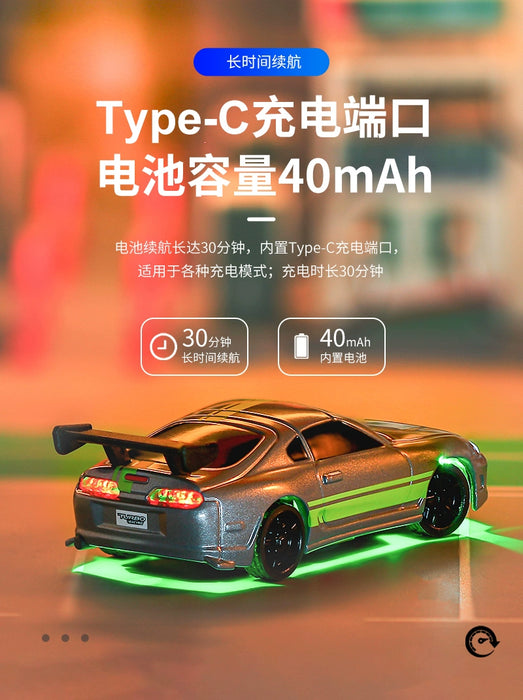 A promotional image showcasing a sleek, silver-colored Turbo1/76 Miniature RC Remote Control Electric Sports Car by Lacatang Shop, featuring vibrant green underglow lights. The text in the image reads, "Type-C 充电端口 电池容量40mAh," highlighting the Type-C charging port and a 40mAh battery capacity. The background is accented with an orange hue.