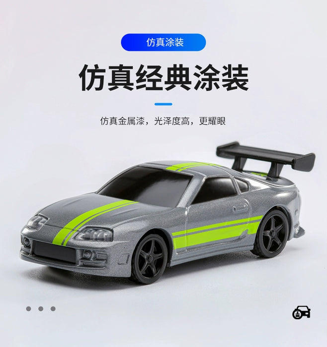 A silver micro RC car with neon green racing stripes on its hood and sides is shown. The car, a Turbo1/76 Miniature RC Remote Control Electric Sports Car C71 C72 C73 model from Lacatang Shop, features a black spoiler and black wheels. Chinese text above describes the paint quality and realistic appearance. Small icons, including a remote control electric sports car, are at the bottom of the image.