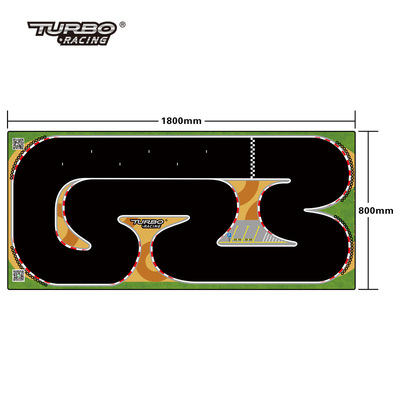 The Lacatang Shop's Turbo Mini Drift Scene Remote Control Car Track has a 1800mm x 800mm rectangular layout with winding black paths, a start/finish line, green edges, and a center logo. Directional arrows guide cars for thrilling drift action.