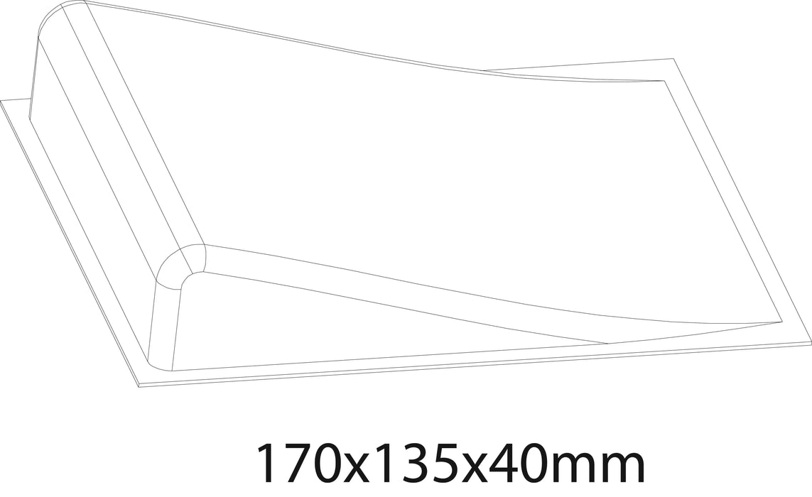 Line drawing of a rectangular object with curved edges, marked 170x135x40mm, reminiscent of the sleek design found in Lacatang Shop's Turbo Remote Control Drift Car Track for All Ages.