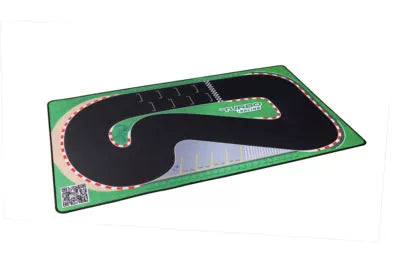 The Lacatang Shop's Turbo Remote Control Drift Car Track for All Ages is a rectangular toy racetrack mat with a winding black track, red and white striped borders, and a green background, offering sharp turns and a thrilling straight section for an exhilarating racing experience.