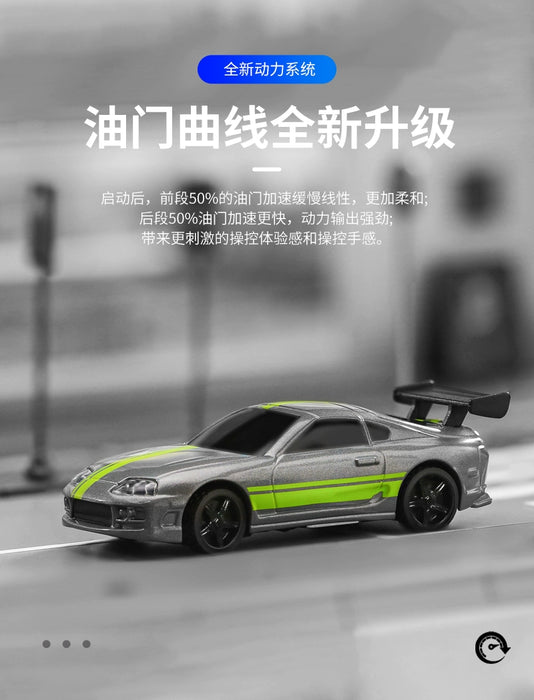 A miniature toy car, closely resembling a green sports car with a large rear spoiler, is showcased against a blurred urban street background. Chinese text details the new performance upgrades of the Turbo1/76 Miniature RC Remote Control Electric Sports Car from Lacatang Shop.