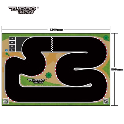 An overhead view of the Turbo Mini Drift Scene Remote Control Car Track by Lacatang Shop showcases a thrilling racing experience with sharp turns and a checkered finish line in a 1200mm by 800mm rectangular layout, bordered by lush grass and small trees. Ideal for remote control car drifting enthusiasts.