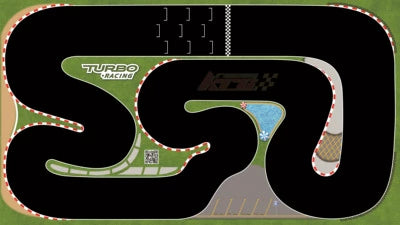 The Lacatang Shop's Turbo Mini Drift Scene Remote Control Car Track showcases a thrilling illustration with marked lanes, labeled "Turbo Mini Drift," sharp turns, straight sections, and a checkered finish line on a green background for exciting drift action.