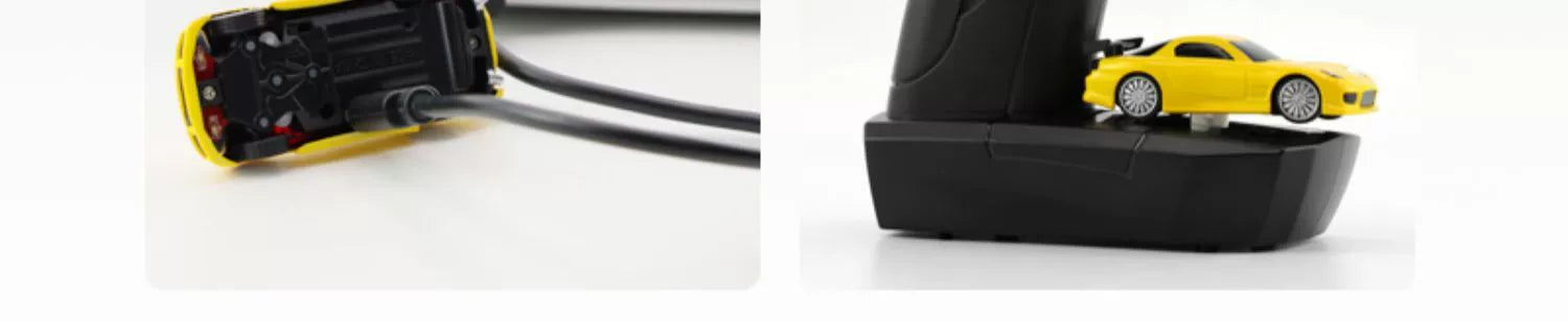 Side-by-side images: On the left, the undercarriage of a JDM Racing Miniature Toy Remote Control Sports Car, featuring two attached cables. On the right, a yellow JDM Racing Miniature Toy Remote Control Sports Car sitting atop a black charging dock with one cable end visible from Lacatang Shop.