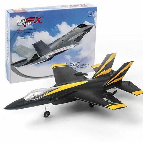 The Rc Foam Aircraft Su-35 Plane by AliExpress, featuring a striking black and yellow jet fighter design, is displayed next to its packaging. The box depicts this model soaring through a blue sky, making it perfect for RC airplane enthusiasts. Its remote control feature ensures it's ideal for both indoor and outdoor adventures.