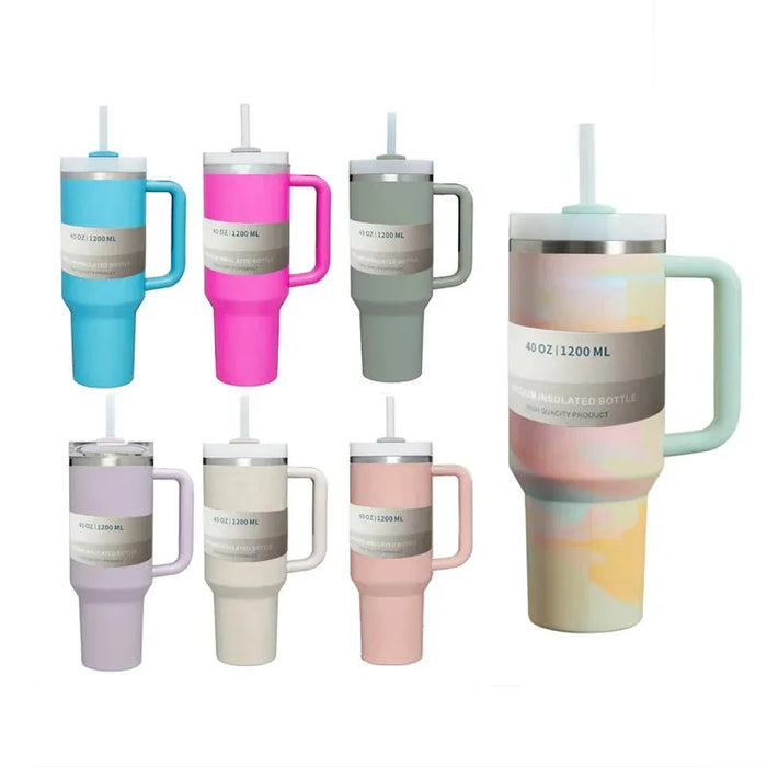 40 oz Iced Tumbler with Handle Straw Lid Stainless Steel Vacuum Insulated Coffee Mug Portable Thermal Travel Cup for Sport Car