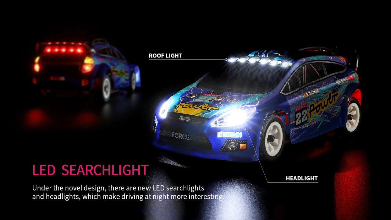 Two toy cars on a dark surface are illuminated by vibrant LED searchlights. The car in the foreground has labeled features: a roof light and a headlight. Text below reads, "WLtoys 1:28 284131 284161 2.4G Racing Mini RC Car by Lacatang Shop: With new LED searchlights and headlights powered by lithium battery, driving at night has never been this exciting.