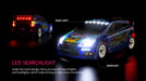 A promotional image featuring two WLtoys 1:28 284131 284161 Racing Mini RC Cars in blue and multicolored designs, equipped with LED lights. The car in the front showcases labeled roof lights and headlights. These Lacatang Shop cars, powered by a lithium battery, boast a striking design prominently featuring the number "22." Text reads, "LED Searchlight.