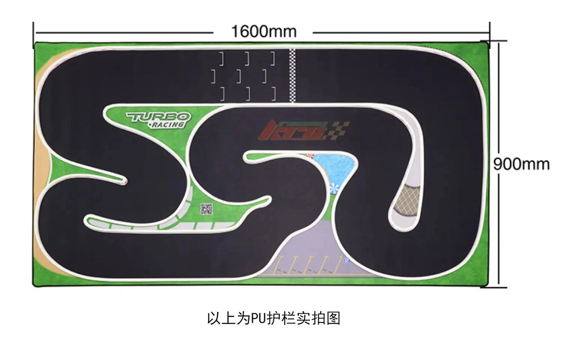 The Lacatang Shop TURBO RACING 1:76 RC Car Track Mat features a customizable rectangular layout with dynamic black road curves on a green border. It's marked "Turbo Racing" & "RCB," measures 1600mm by 900mm, and includes cement blocks and drift jumps.