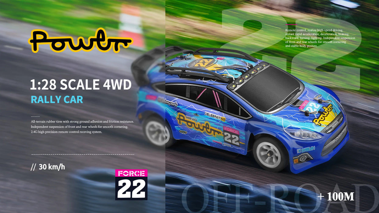 An image of the WLtoys 1:28 Racing Mini RC Car from Lacatang Shop. The blue car with yellow accents and the number 22 speeds on a dirt track. Featuring waterproofing, high-speed motion at 30KM/H, and a long-lasting lithium battery, it offers an impressive 100m remote control range.