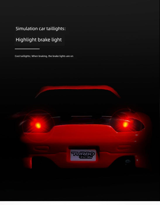 A rear view of a JDM Racing Miniature Toy Remote Control Sports Car from Lacatang Shop with glowing simulated taillights. The highlighted brake lights stand out prominently. The background is dark, with text overlay reading, "Turbo.Racing Simulation: Highlight brake light. Cool taillights; When braking, the brake lights are on.