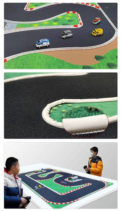 Three images display Lacatang Shop's LDARC Racing Track Mat, available in multiple sizes (2400mm x 1200mm, 1600mm x 900mm, 1200mm x 600mm) for 1/64 scale vehicles. They highlight the track's durable material and two people expertly operating remote controls.