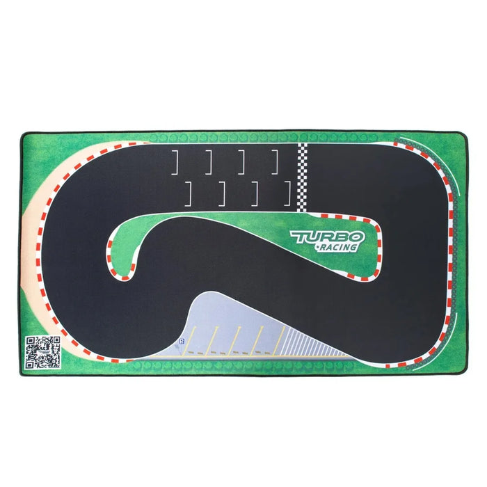 The Lacatang Shop's Portable Turbo Racing Rubber Mat is a table racing accessory for 1:76 RC mini cars, with a black track, red and white border, checkered finish line, green area with "Turbo Racing" text and QR code. Multiple sizes available.