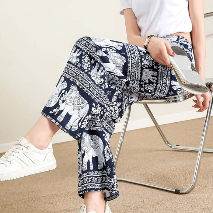 Summer Palazzo Pants with Pockets for Women Drawstring High Waisted Wide Leg Bohemian Elephant Printed Lounge Trousers