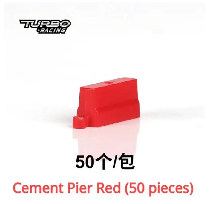 Image of a red cement pier model piece for the Turbo Racing 1:76 sets by Lacatang Shop, labeled "50个/包" and "Cement Pier Red (50 pieces)," ideal for crafting a dynamic drift track in your remote control car adventures.