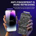 Two hands holding smartphones side by side. The left phone has a clean screen labeled "1-2Pc 8K High End Tempered Glass," while the right phone has a smudged screen labeled "Not upgraded." Text above reads, "ANTI-FINGERPRINT IS MORE REFRESHING" and highlights the benefits of using AliExpress tempered glass to keep your iPhone spotless.