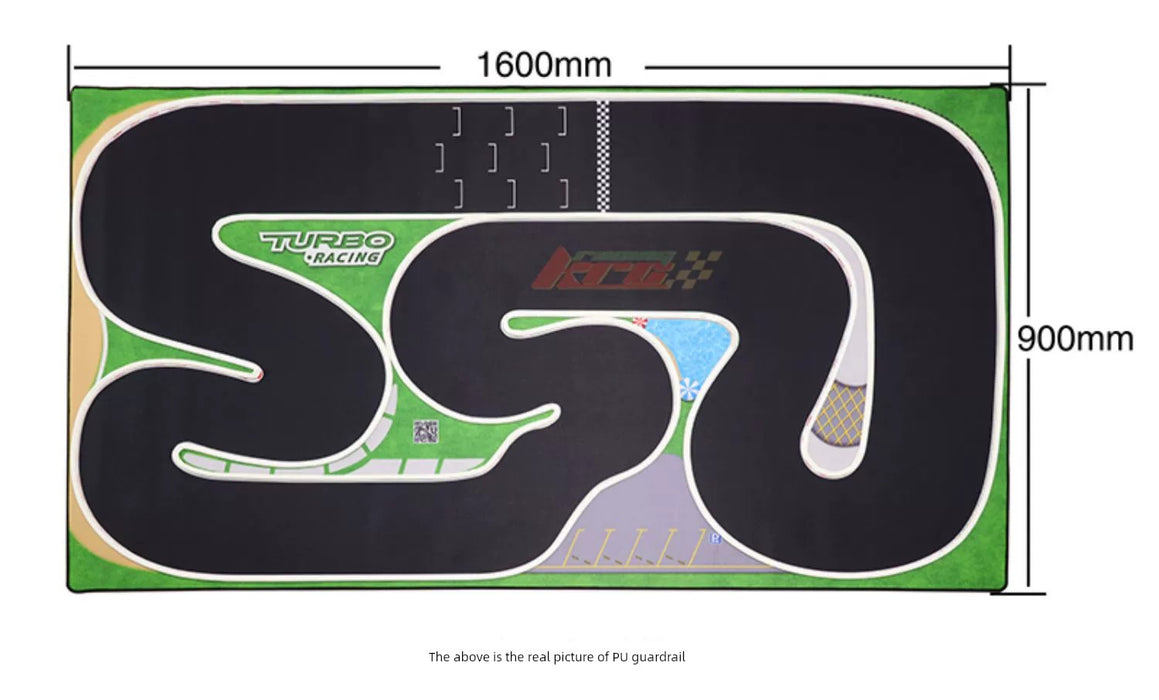 The Lacatang Shop presents the Turbo Mini Drift Scene Remote Control Race Car Track mat, featuring a top view of winding paths with checkered start/finish lines, perfect for turbo mini drift enthusiasts. The mat measures 1600mm by 900mm.