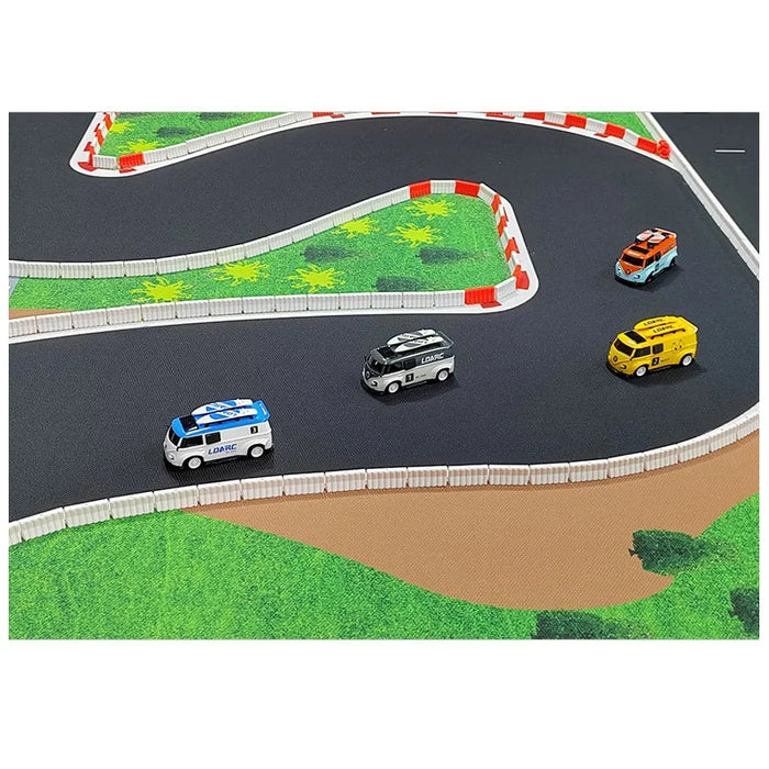 Lacatang Shop's Portable Mini RC Car Race Track Mat comes in 160x90cm and 120x60cm sizes with PK mesh cloth, featuring colorful toy vans racing around a winding track with green grassy areas and orange-white striped barriers.