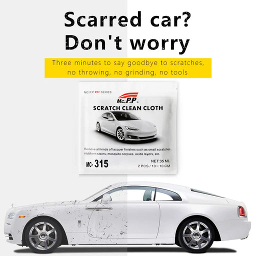 An image of a white car divided into two halves. The left side features a scratched and damaged surface, while the right side displays a clean, scratch-free finish. Above the car, text reads, "Scarred car? Don’t worry." An image of the Nano Sparkle Cloth Car Scratch Repair Accessories Multifunction Nano from AliExpress is placed above the car.