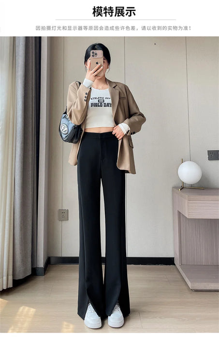 Jielur Coffee Skinny Basic Suit Women Wide Leg Pants Autumn Straight Casual Apricot Trousers Solid Color Split Office Lady Pants