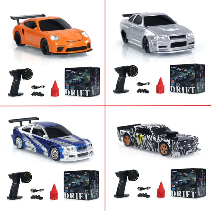 Here are four images showcasing different Lacatang Shop 2.4G RC Drift Cars. The top left car is orange, the top right car is silver, the bottom left car is a blue and white 1/43 scale Mini Racing Car Model, and the bottom right car features a black and white zebra pattern. Each high-speed, four-wheel-drive remote control car comes with its own remote control and packaging box.