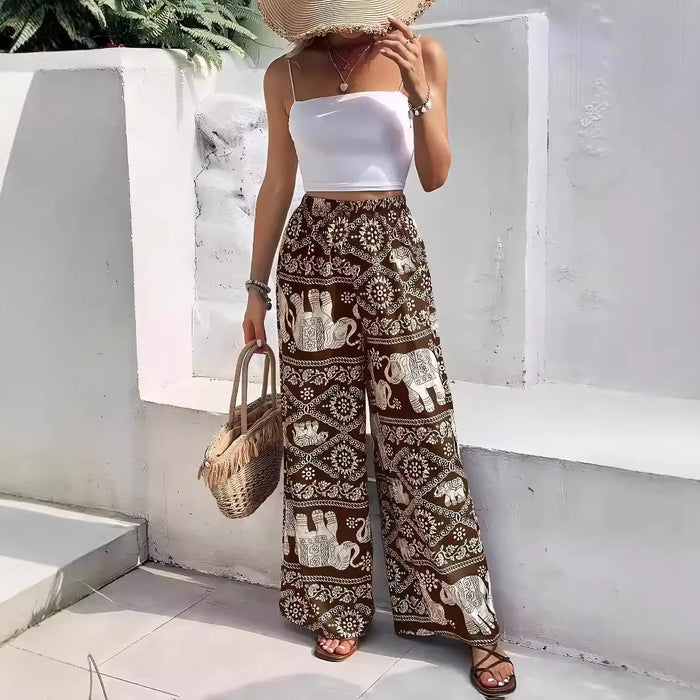 Fashion Women Wide Leg Pants High Waist Thailand Elephant Print Pant Summer Thin Straight Trousers Casual Bottom Female Clothing