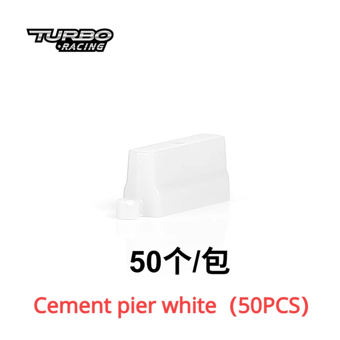 Image of a white cement pier model labeled "Turbo Racing." Text reads "50个/包" and "Cement pier white (50PCS)" beneath the image, perfect for enhancing thrill in Lacatang Shop's TURBO RACING 1:76 RC Car Race Track Set with Drift Jump and Cement Obstacles.