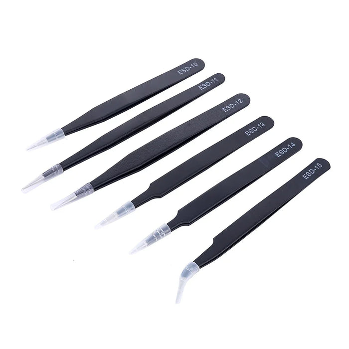 Introducing our latest offering from AliExpress: the 6Pcs Anti-static ESD Stainless Steel Tweezers Maintenance Tool. This set includes six high-quality black precision tweezers, each with individual protective caps and labeled ESD-10 to ESD-15. Arranged neatly in a row on a white background, each tweezer features a unique tip shape tailored for various delicate handling tasks.