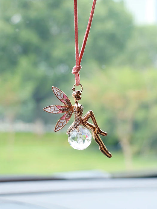 Pink Crystal Sphere Fairy Rearview Mirror Charm for Car Interior Decor