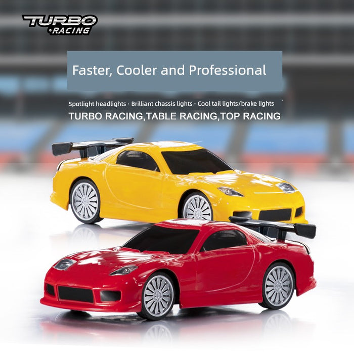 Two toy race cars, a yellow one and a red one, are showcased against a blurred background. The text reads "Turbo Racing 1:76 Miniature Full-Scale C71c72c73c74 Remote Control Electric Drift Sports Car Toy" by Lacatang Shop and highlights features like "faster, cooler, and professional" with spotlight headlights, brilliant chassis lights, and cool tail lights/brake lights—an electric sports car experience.