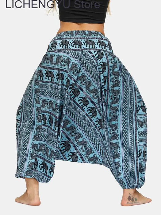 New Women Elephant Printed Track Pants Summer Elastic High Waist Bloomers Casual Indian Thailand Wide Leg Loose Dance Pants