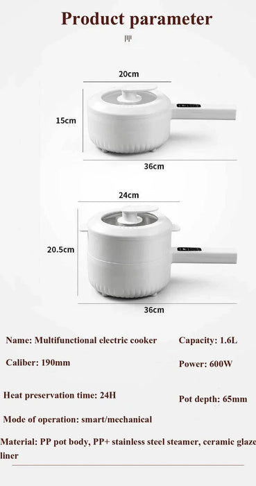 An image of the product parameter sheet for the 1.6L Smart Electric Cooking Pot Reservation Multifunctional Non-stick Electric Wok Household Electric Hot Pot With Steamer 220V from Lacatang Shop. It includes dimensions, a capacity of 1.6L, power rated at 600W, heat preservation time of 24H, and a pot depth of 65mm. The cooker features a PP pot body, a PP+ stainless steel steamer, and a ceramic glaze liner.