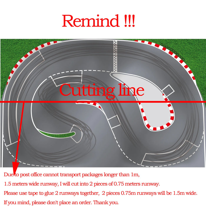 The Lacatang Shop 2.4m Drift Racing Track for Kyosho Mini-Z and other RC cars has a diagram showing a red cutting line to divide the 1.5-meter track into two 0.75-meter sections due to postal limits. A bottom note advises against ordering if inconvenient.