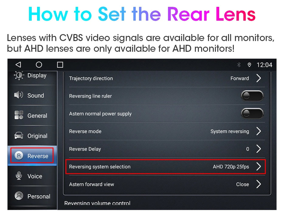 The Settings menu for the Lacatang Shop's Develuck HD 1080P 170° Night Vision Waterproof Car Rear View Camera offers options for selecting reverse system settings, including AHD 720p at 25fps. It also provides adjustments for reverse mode and delay to ensure optimal low-light performance.