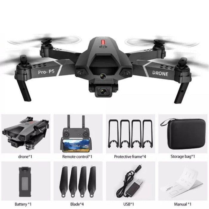 Image showing the Yellow Pandora Ninja Dragon Phantom X HD Dual Camera Smart Quadcopter Drone bundle. The top section features the drone itself. Below, the items included are listed: drone, remote control with smartphone attached, protective frame, storage bag, battery, blades, USB cable, and manual.