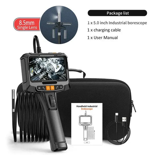 The image showcases the AliExpress 360° Steering Industrial Endoscope Camera equipped with a 5.0-inch 1080P IPS screen, a charging cable, a user manual, and a carrying case. This endoscope features an 8mm dual lens, making it ideal for car engine inspection and other machinery tasks. The package list outlines the included items.