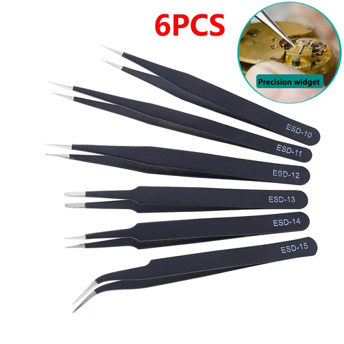 Image of six high-quality AliExpress 6Pcs Anti-static ESD Stainless Steel Tweezers Maintenance Tools labeled ESD-10 to ESD-15 arranged in a row. The top right corner features an inset of a hand using one of the tweezers on a small mechanism, accompanied by the text "Precision widget." The text "6PCS" is highlighted in red.