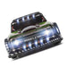 A close-up image of the WLtoys 1:28 284131 284161 Racing Mini RC Car from Lacatang Shop shows its illuminated front. The car, powered by a lithium battery, features multiple LED lights and a decorative pattern on the hood with text reading "Model Car." Viewed from a slightly low angle, it highlights the dynamic design capable of reaching speeds up to 30KM/H.