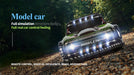 A WLtoys 1:28 284131 284161 Racing Mini RC Car from Lacatang Shop is shown on a dirt path in a wooded area. The car features numerous lights on its front and roof. The text highlights the Mini RC Car's full simulation design, control features such as speed up, decelerate, brake, and reverse turn, and its impressive 30KM/H speed powered by a Lithium Battery.