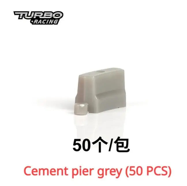 Image of a grey cement pier model piece labeled "Turbo Racing," ideal for enhancing your 1:76 setup. Text below reads "50个/包" and "Cement pier grey (50 PCS)," perfect for remote control racing enthusiasts using the Lacatang Shop's Drift Jump Track Mat with Cement Block Accessories.