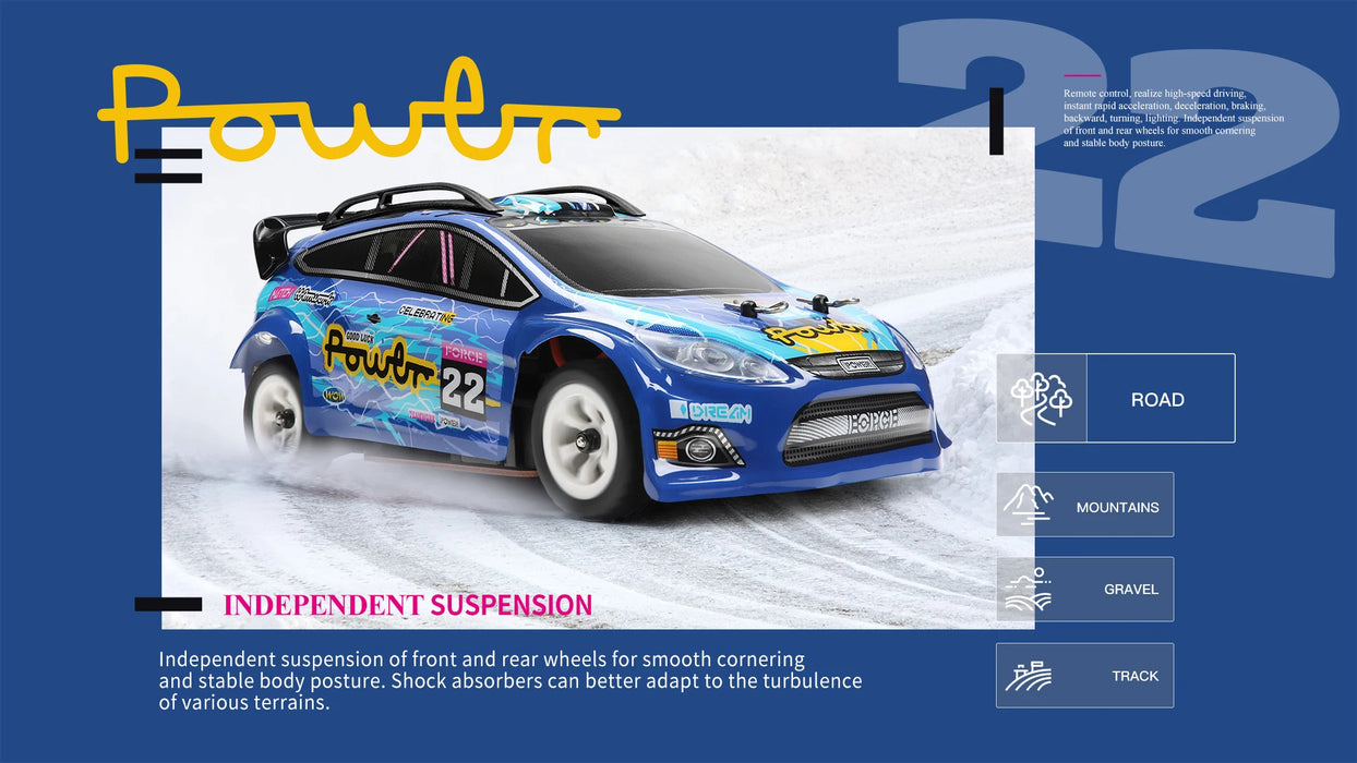 A digitally rendered blue rally car, branded with "Lacatang Shop" and the number "22," is displayed on a snowy track. The image promotes its independent suspension system and features a high-performance lithium battery. Icons for road, mountains, gravel, and track conditions are shown on the right side. This is the WLtoys 1:28 284131 284161 2.4G Racing Mini RC Car 30KM/H 4WD Electric High Speed Remote Control Drift Toy, perfect for children’s gifts.