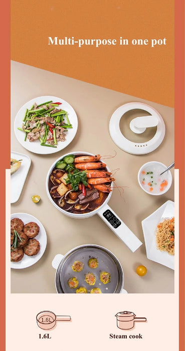 A 1.6L Smart Electric Cooking Pot from Lacatang Shop takes center stage in a vibrant scene, with various delectable dishes surrounding it: a seasoned vegetable stir-fry, a bowl of porridge, shrimp and vegetable stew, fried meat patties, and steamed vegetable balls. At the top, bold text declares "Multi-purpose in one pot." At the bottom are icons highlighting its steam cook settings and 1.6L capacity.