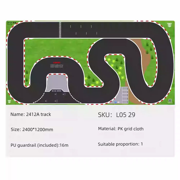 The Lacatang Shop Turbo Mini Drift Scene includes a 2400x1200mm racetrack with winding black roads, red and white edges on a green and brown background, PK grid cloth material, a 16m PU guardrail, perfect for enthusiasts. SKU: L05 29.