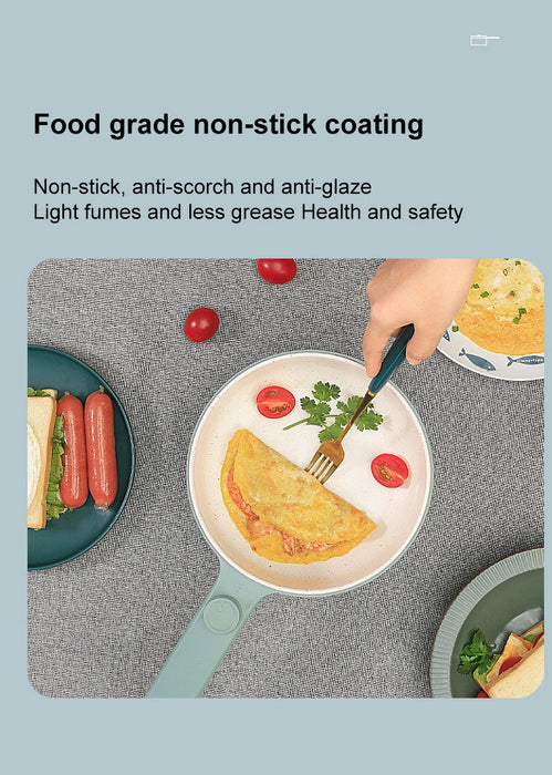 A versatile multi-function pot from Lacatang Shop, the 2024 New Portable 1.5L Multi-Function Pot, contains a delectable omelette garnished with parsley and cherry tomatoes. On a grey surface next to it, there is a plate with sandwiches and hot dogs, along with a partial view of another dish filled with food. The text reads: "Food grade non-stick coating. Non-stick, anti-scorch, anti-glaze. Light fumes and less grease for health and safety." Nearby sits a ...