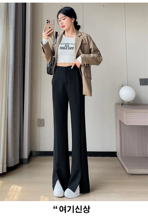 Jielur Coffee Skinny Basic Suit Women Wide Leg Pants Autumn Straight Casual Apricot Trousers Solid Color Split Office Lady Pants