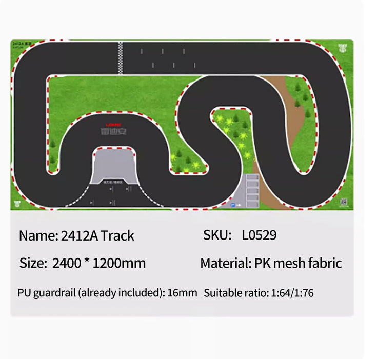 Illustration of a racetrack layout for 1/64 scale vehicles, featuring green areas and red-and-white borders. Perfect as an RC car race track mat, this model is "2412A Track," SKU: L0529, size 2400x1200mm, made from durable PK mesh fabric with a PU guardrail. Available at Lacatang Shop.