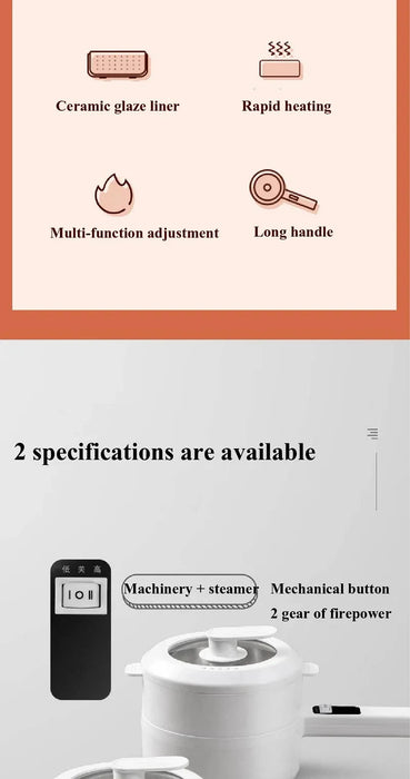 A promotional image showcasing the Household Electric Hot Pot by Lacatang Shop. The top section highlights features such as a ceramic glaze liner, rapid heating capability, multi-function adjustment, and a long handle for convenience. The bottom section details two specifications: includes both machinery and steamer components, and features a mechanical button with two firepower levels.