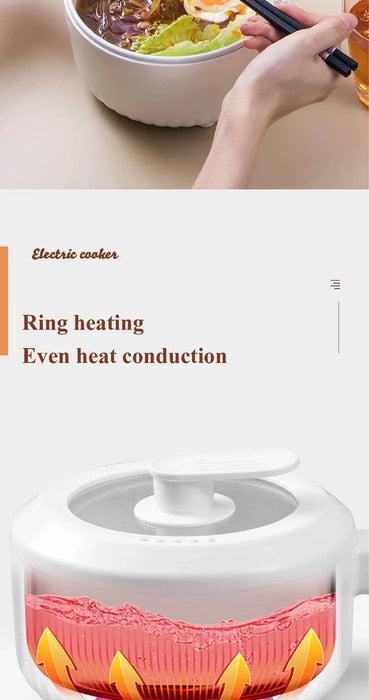 A promotional image for the 1.6L Smart Electric Cooking Pot Reservation Multifunctional Non-stick Electric Wok Household Electric Hot Pot With Steamer 220V by Lacatang Shop features a bowl of noodles being eaten with chopsticks. Below, a diagram illustrates the cooker's ring heating system ensuring even heat conduction, depicted through heat waves evenly distributed inside a transparent pot.